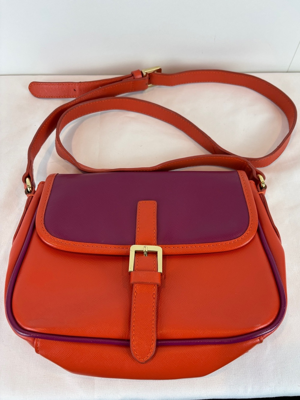Cynthia Rowley Leather Crossbody Purse Orange Magenta Colorblock Gold Buckle